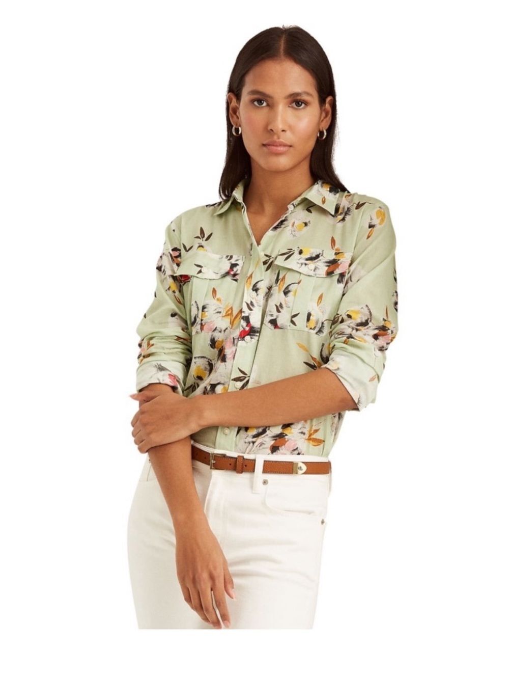 Lauren Ralph Lauren Green Floral Button Down Shirt Long Sleeve Collared Blouse